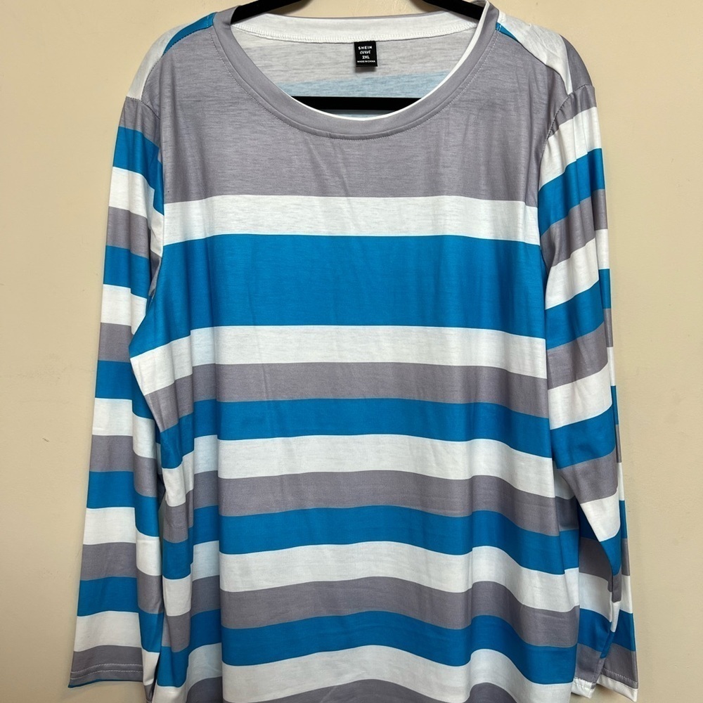 NWOT SHEIN Blue, Gray, and White Striped Long Sleeve Top & Leggings